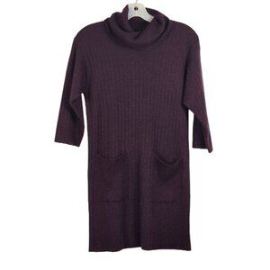Tweeds‎ Merino Blend Sweater Dress Sz M Purple Turtleneck 3/4 Sleeves Pockets